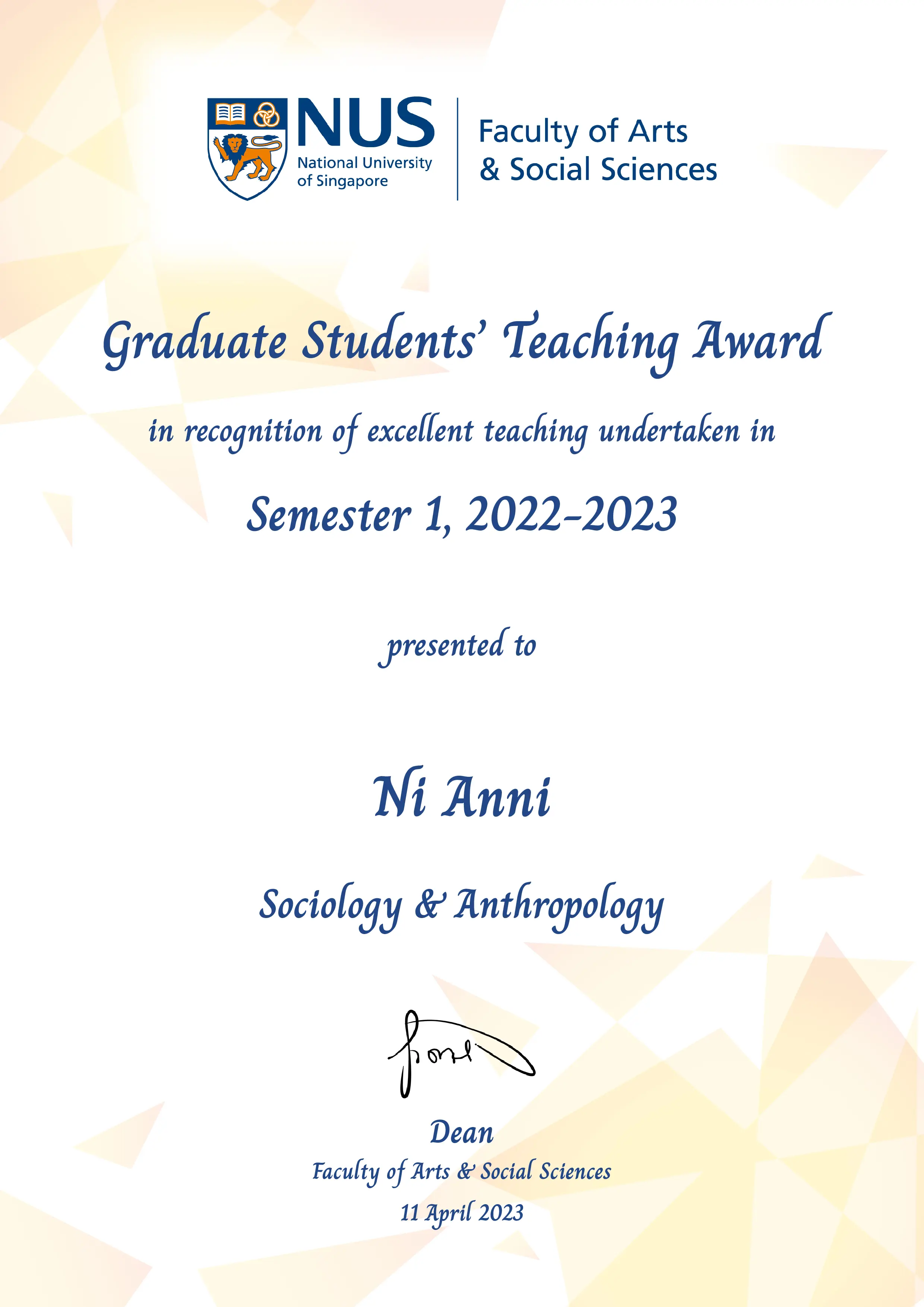 Teaching Award of Anni Ni